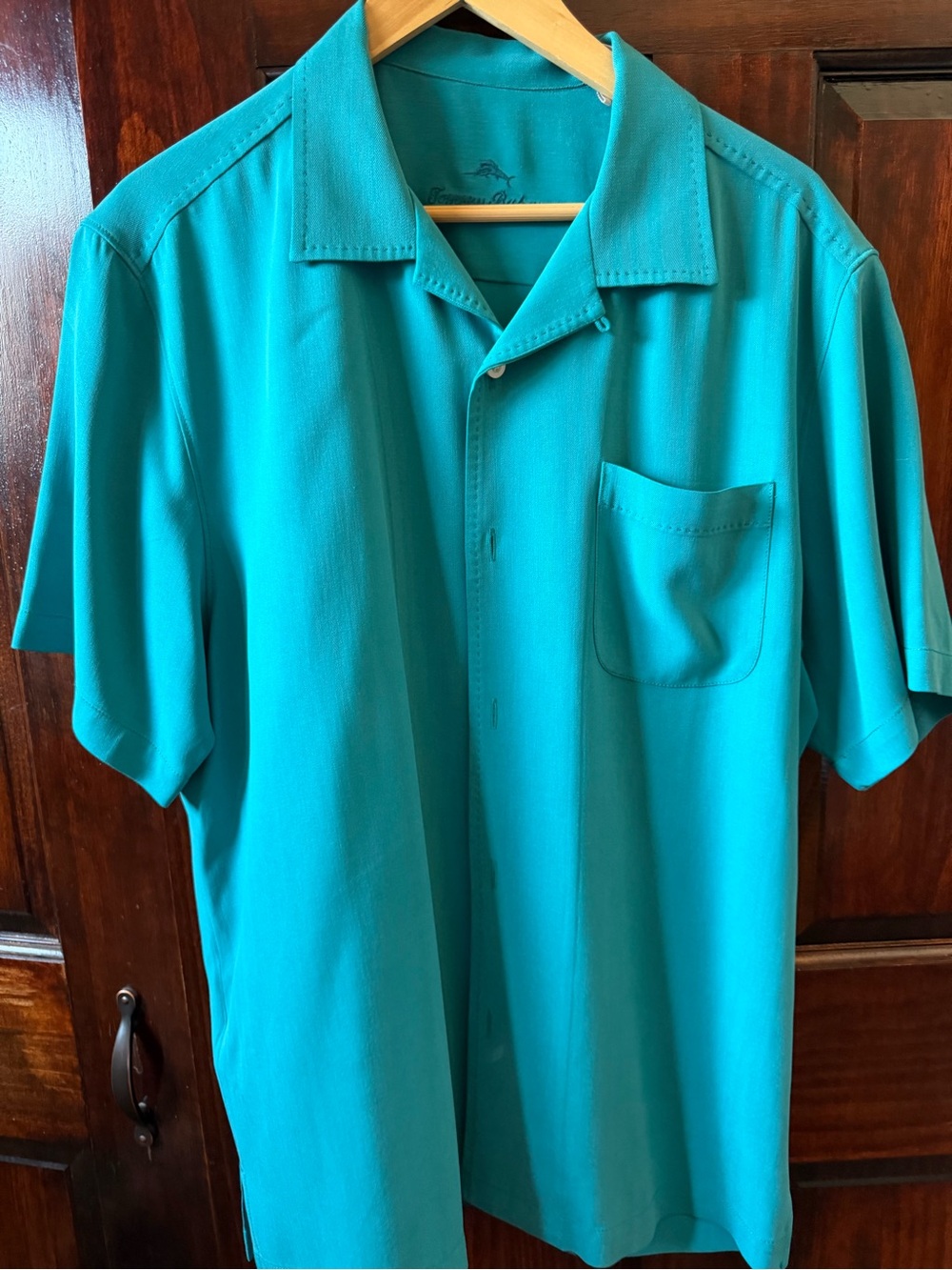 Men's Teal Short-Sleeve Camp Shirt 100%silk